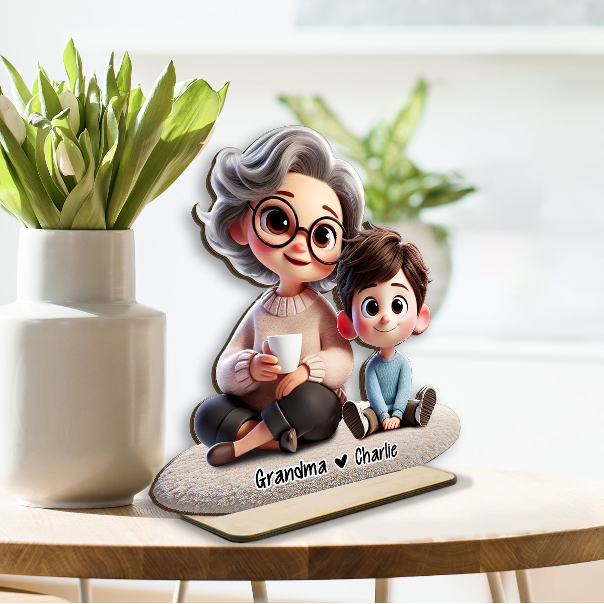 Happy Grandma & Grandkid 3D Personalized Standing Wooden Plaque, Perfect 2025 Gift For Mom, For Grandma