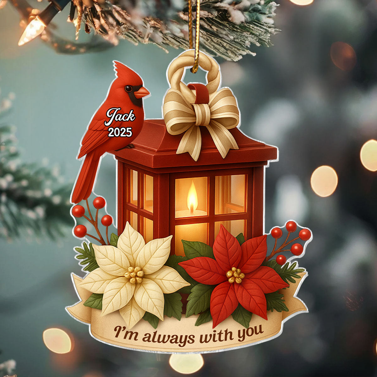 Cardinal On Christmas Lantern 3D Effect Personalized Acrylic Ornament, Meaningful Memorial Symphathy Gift