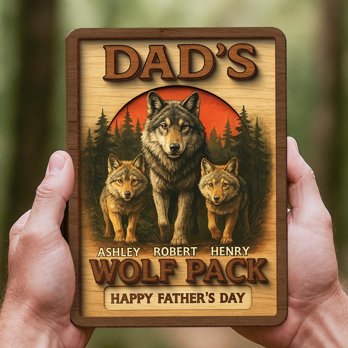 Dad's Wolf Pack Personalized 2-Layered Wooden Plaque, Father's Day Gift for Dad