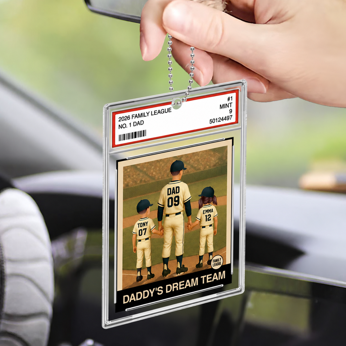 Baseball No. 1 Dad Man & Kids Trading Card Style Personalized Acrylic Car Ornament