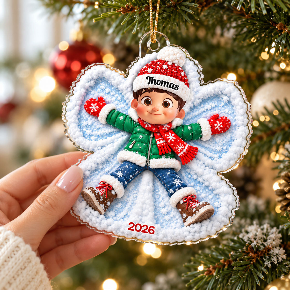 Snow Angel Cute Boy Girl Making Snow2D Flat - Personalized Acrylic Ornament - Christmas Gift for Daughter Son Granddaugter Grandson