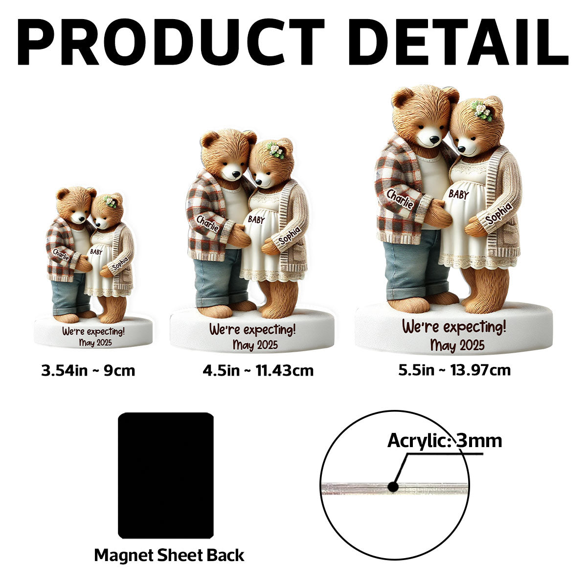 3D Effect Bear Couple Expecting New Baby Pregnancy Announcement Keepsake Personalized Acrylic Fridge Magnet