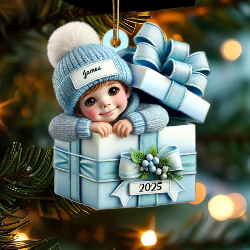 Kid Boy Girl Inside Gift Box - Personalized Acrylic Ornament - Christmas Gift for Children, Grandchildren