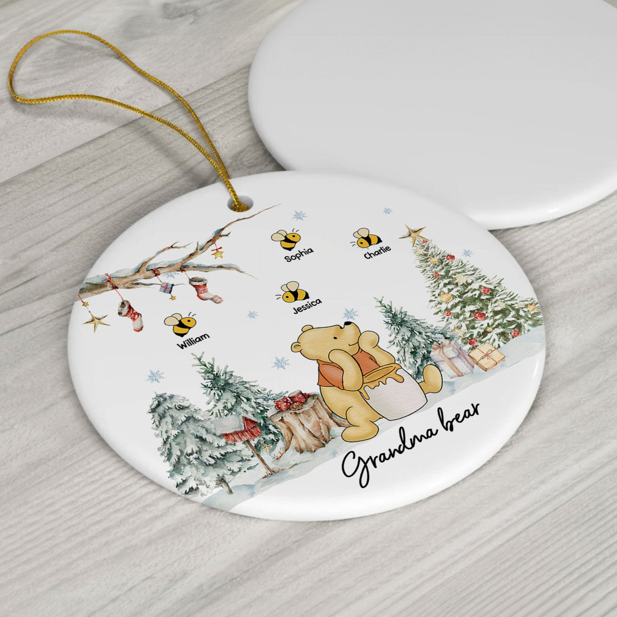Grandma Bear Cute Grandkids Names Personalized Circle Ceramic Ornament, Christmas Gift