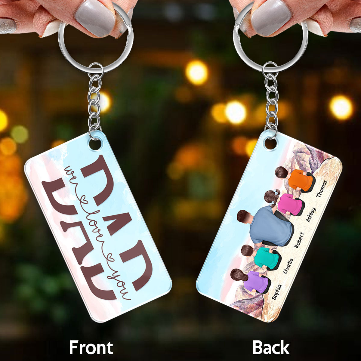 Dad And Kids Sitting Back View On The Cliff Personalized Acrylic Keychain