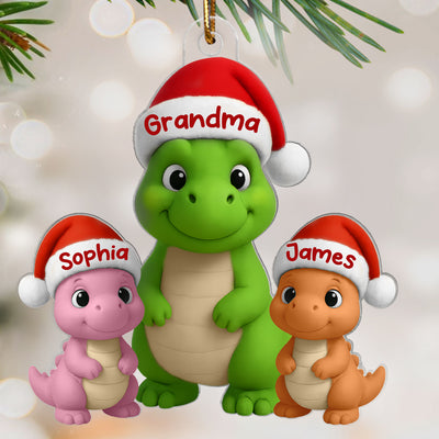3D Effect Happy Grandmasaurus With Dinosaur Grandkids - Personalized Acrylic Ornament