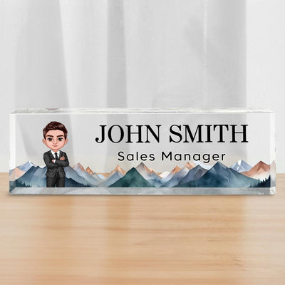 Watercolor Mountain Man Woman Personalized Acrylic Desk Name Plate, Office Decor, Gift For Colleagues, Boss