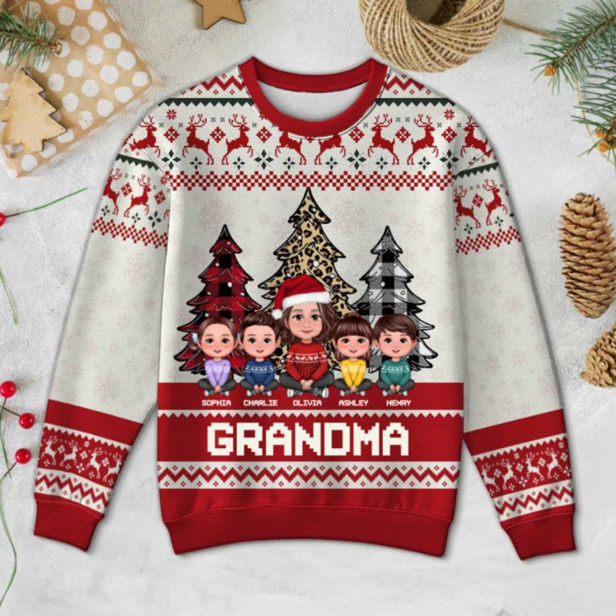 Leopard Checkered Pattern Grandma Grandkids Christmas Personalized Faux Knitting Ugly Sweater