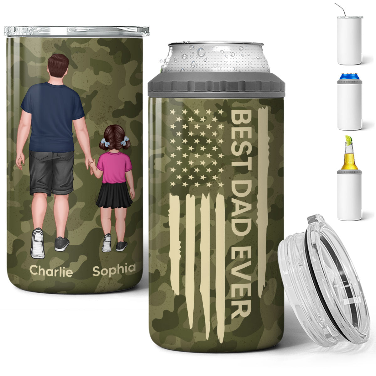 Best Dad Papa Grandpa Ever Nation Flag Man & Kids Walking Father‘s Day Gift For Husband Father Figures Personalized 4 In 1 Can Cooler