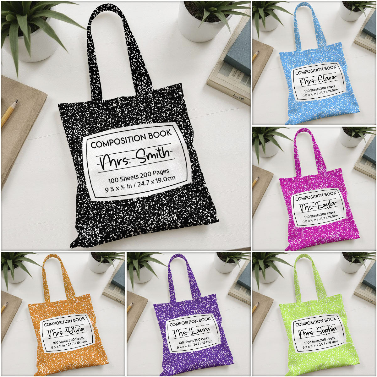 Teacher Colorful Composition Book Pattern Personalized Tote Bag, Back To School Gift For Teacher