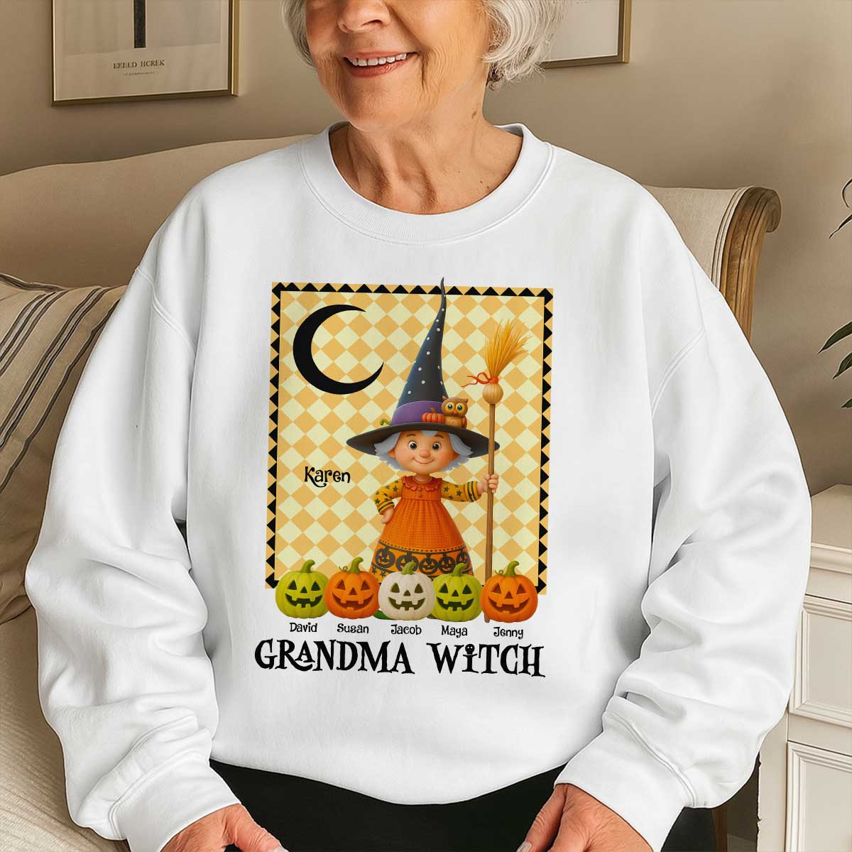 Grandma Witch Pumpkin Personalized Sweatshirt, Halloween Cozy Fall Sweatshirt for Grandma