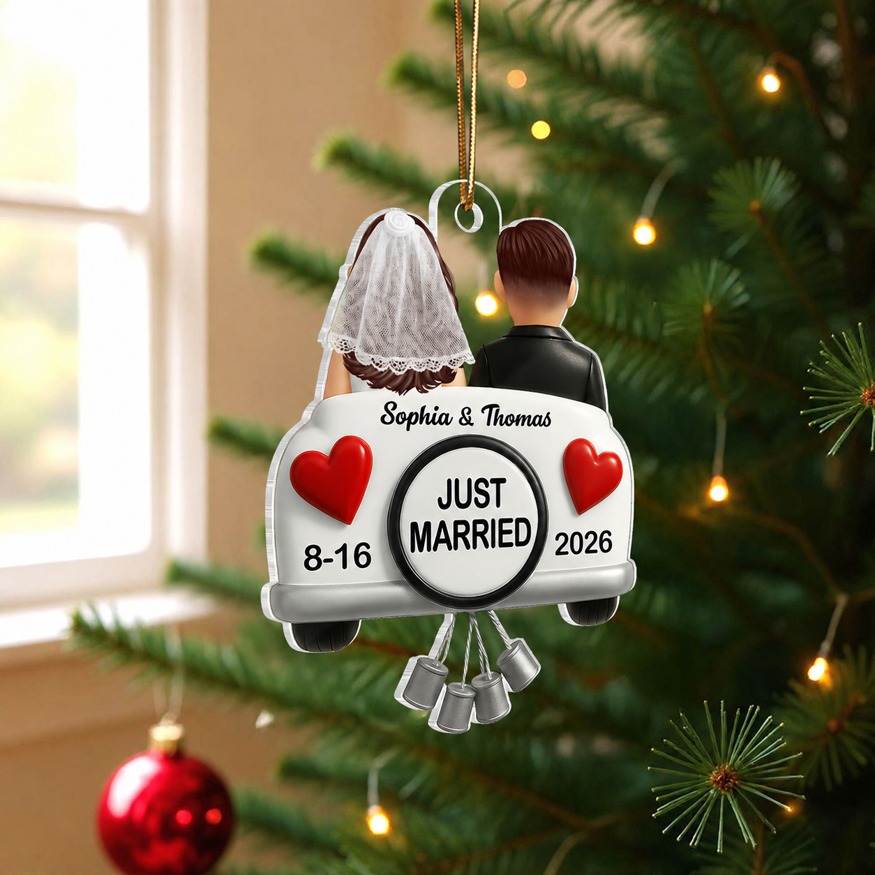 3D Effect Just Married Couple First Christmas Married Personalized Flat Acrylic Ornament, Gift For Newly Wedding Couple