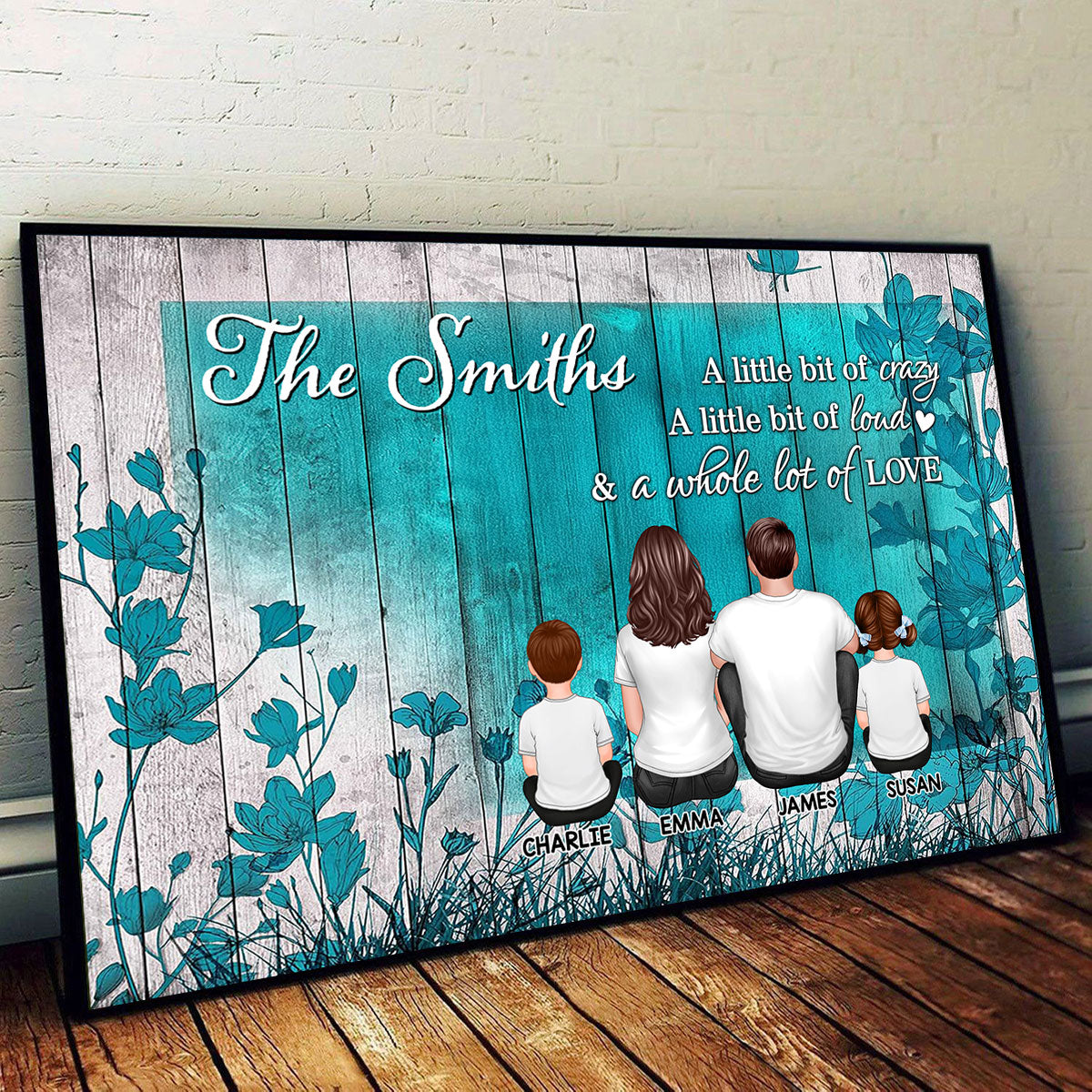 Teal Flower Family Sitting Personalized Poster