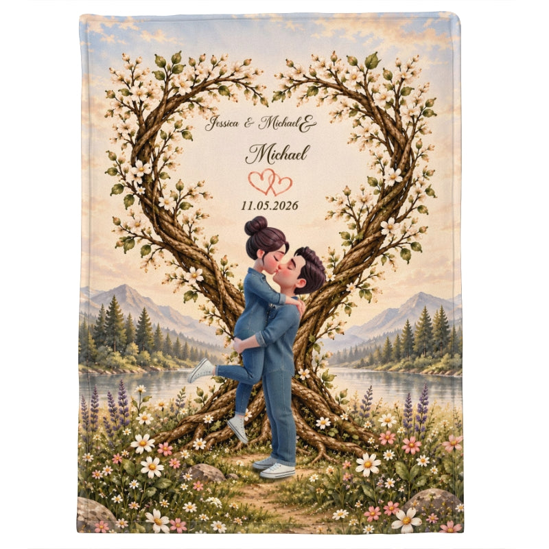 Couple Kissing Under Heart Tree - Personalized Fleece Blanket - Heartfelt Anniversary Christmas Gift for Her, for Him