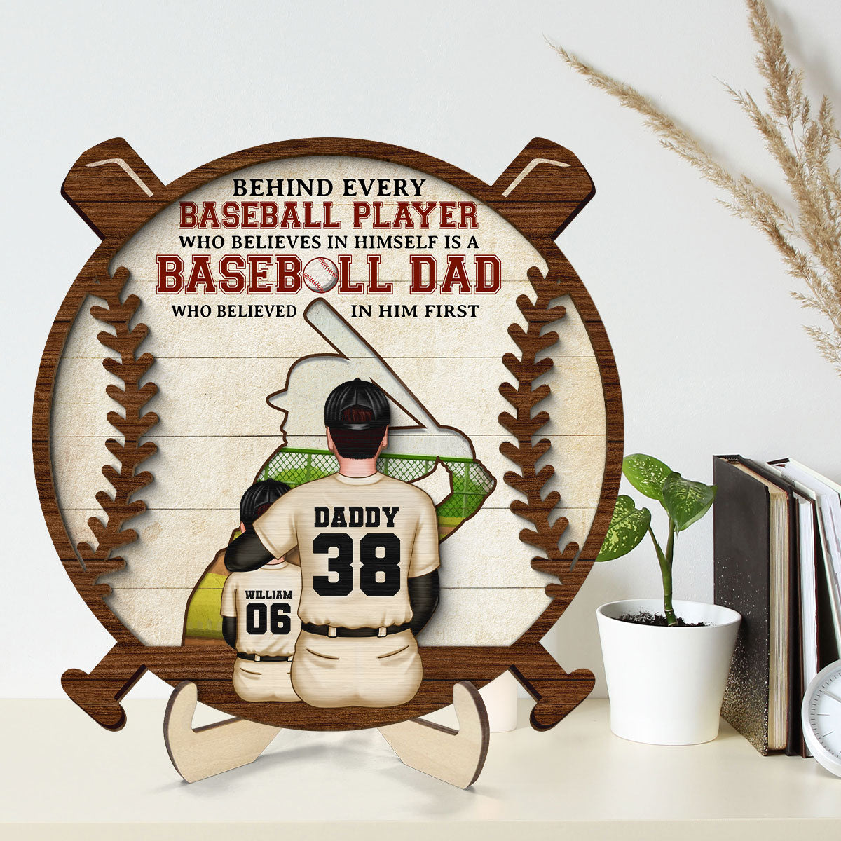 Baseball Dad Behind Every Baseball Player Personalized 2-Layer Wooden Plaque