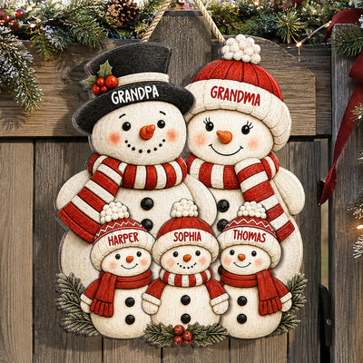 Cute Snowman Grandparents & Grandkids 2D Flat Printed - Personalized Wooden Sign - Christmas Decor For Family, Grandma, Grandpa