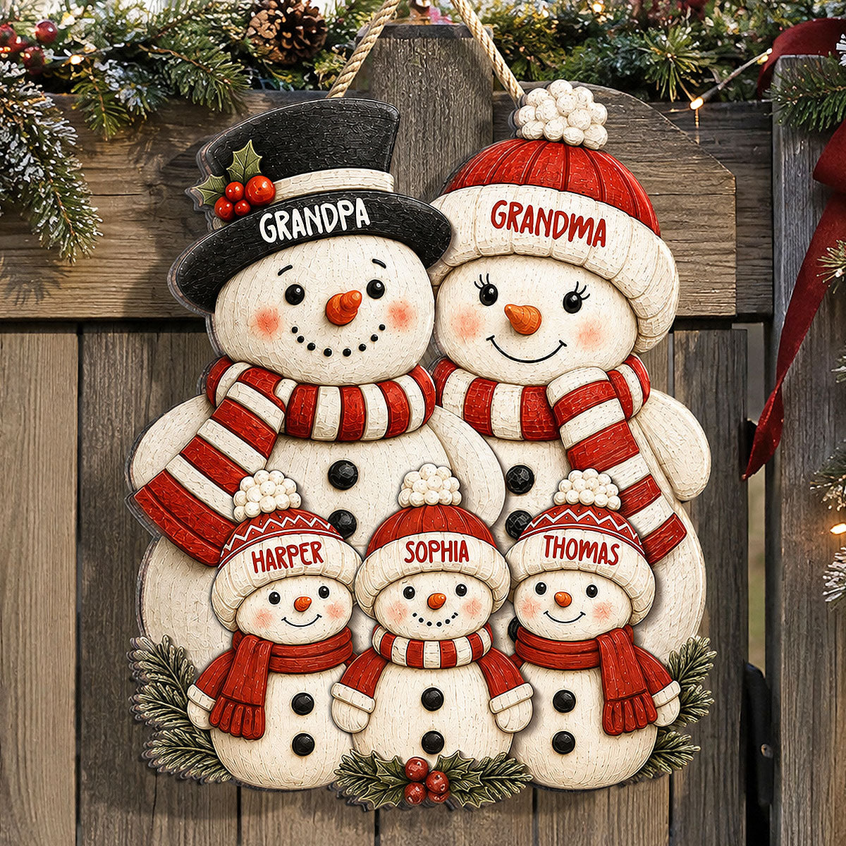 Cute Snowman Grandparents & Grandkids 2D Flat Printed - Personalized Wooden Sign - Christmas Decor For Family, Grandma, Grandpa