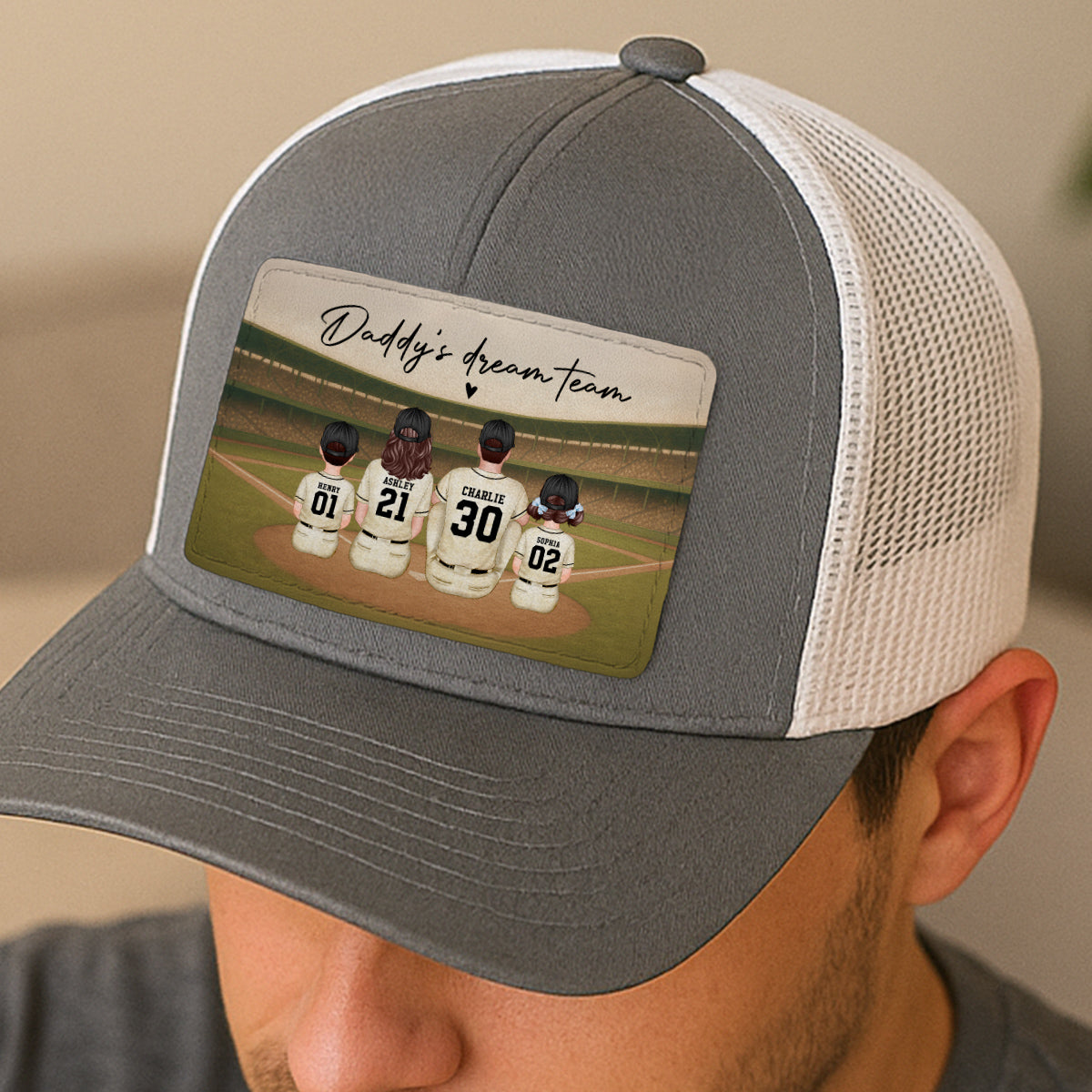 Retro Vintage Baseball Daddy's Dream Team Personalized Leather Patch Hat, Gift For Dad