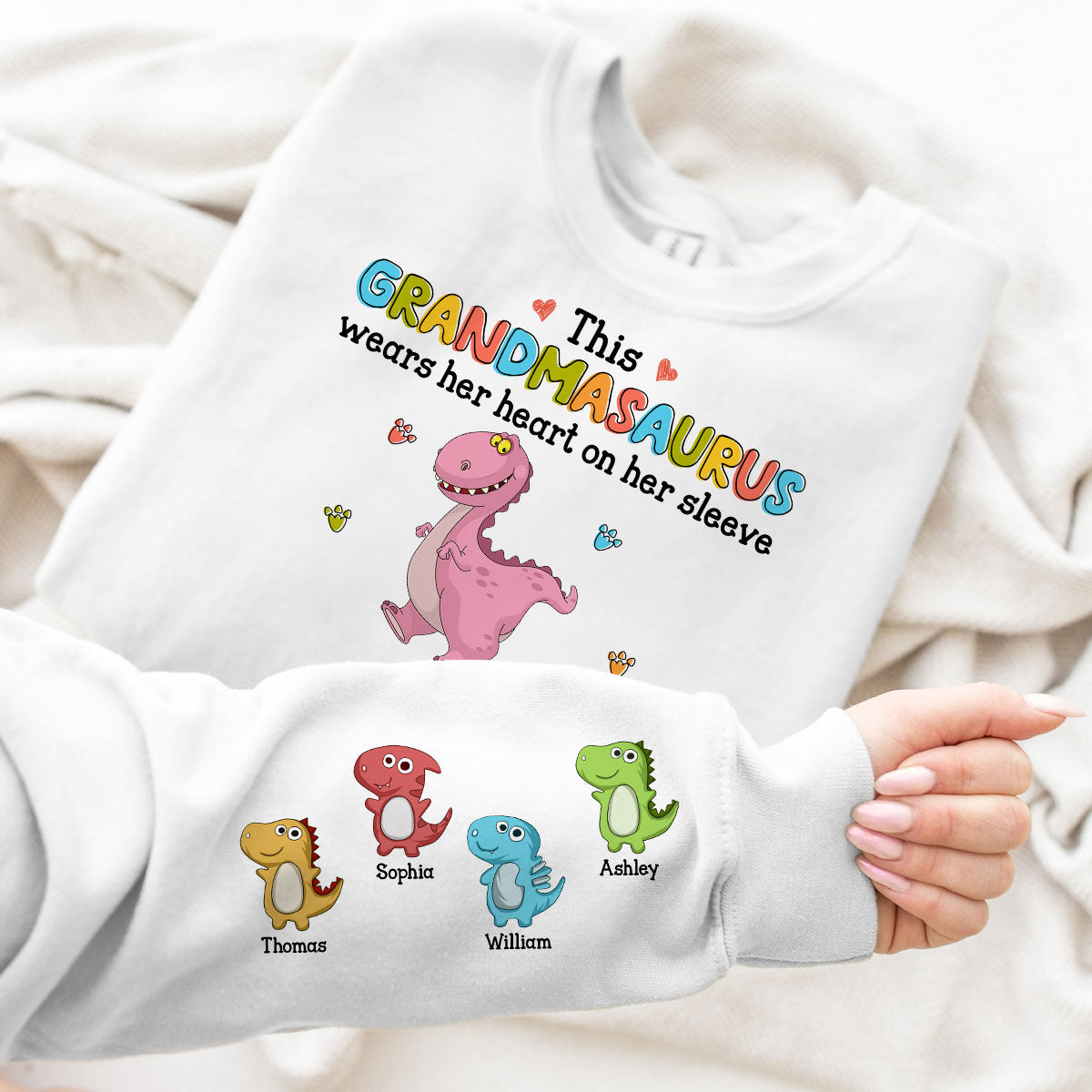 This Grandmasaurus Wears Her Heart On Her Sleeve Personalized Sleeve Printed Sweatshirt