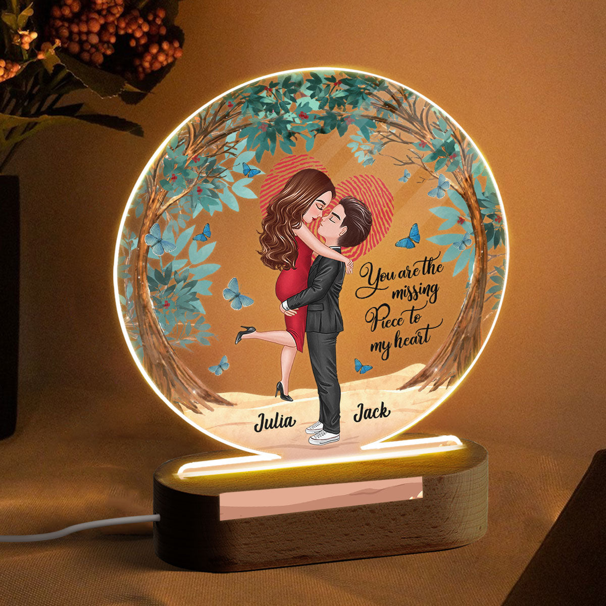 Couple Under Tree Personalized Acrylic Circle LED Lamp Night Light