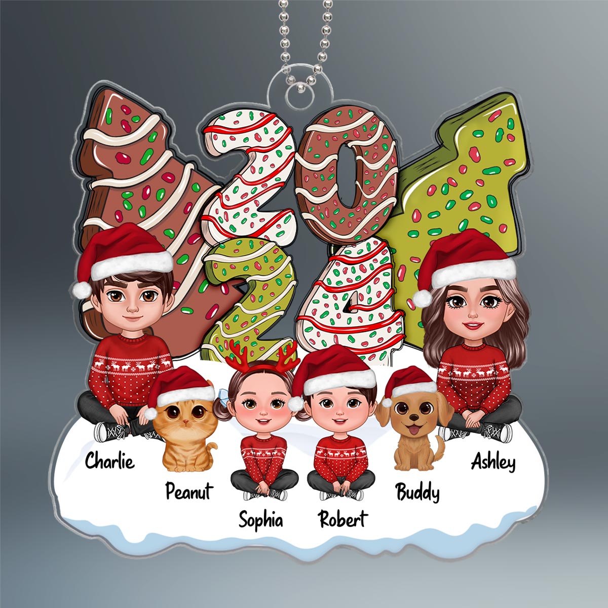 Family Dad Mom Kids Dogs Cats Sitting By 2024 Christmas Tree Cake Patterned Personalized Acrylic Ornament