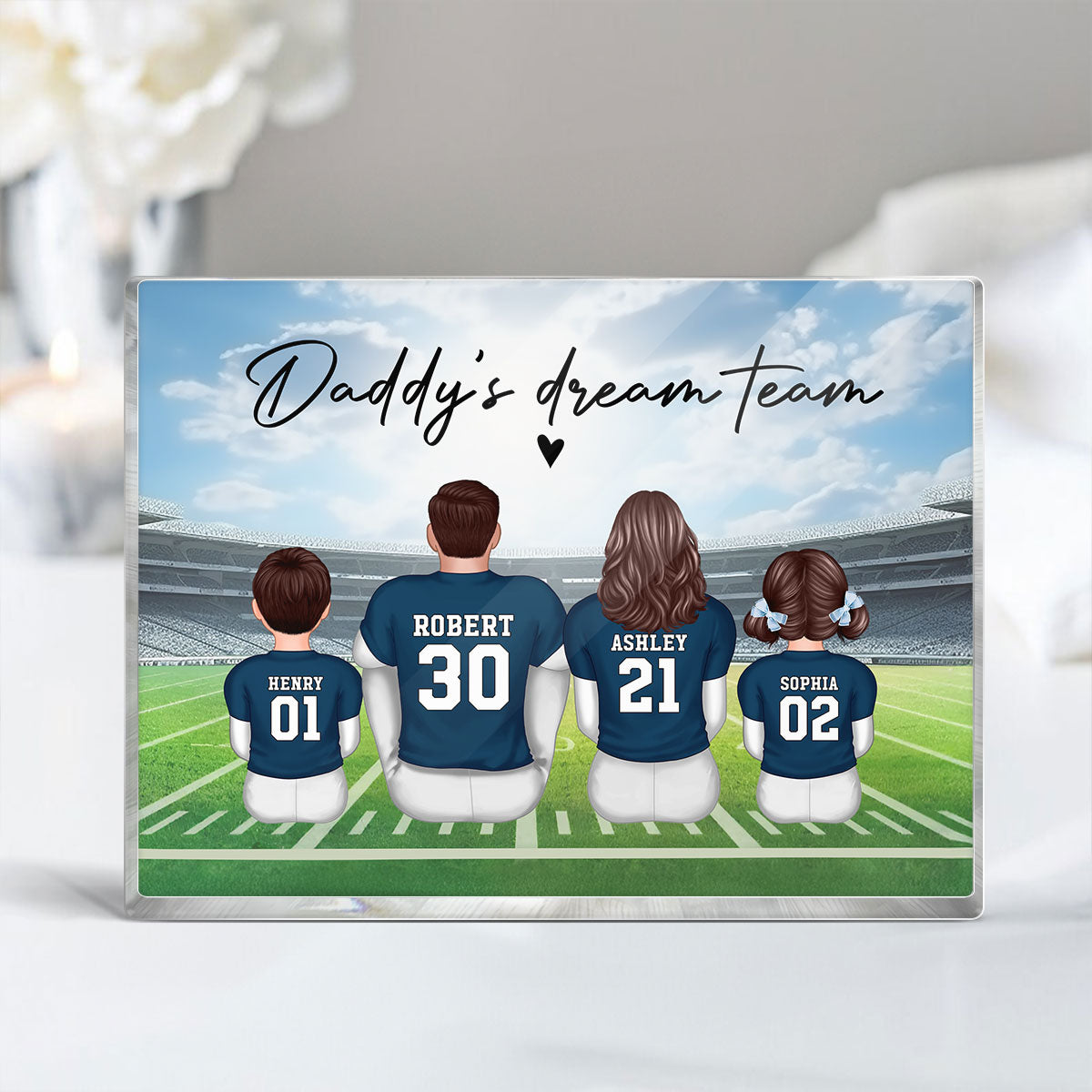 Daddy's Team Football Family Sitting Back View Personalized Acrylic Block, Father's Day Gift