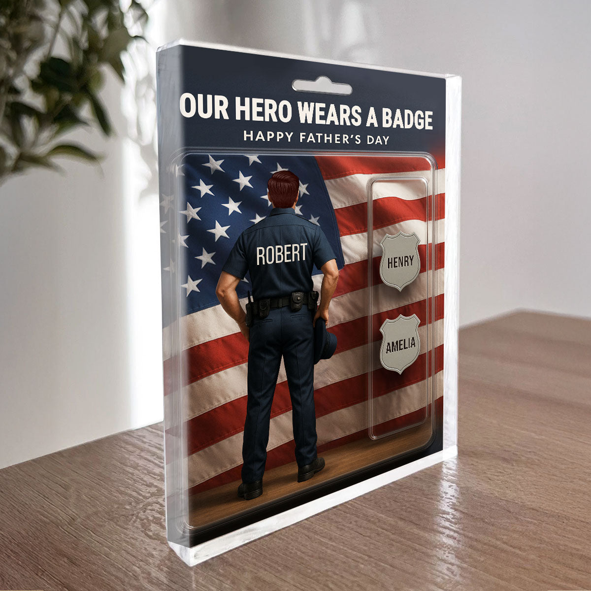 Custom Figure My Hero Wears A Badge With Kids' Names Personalized Acrylic Block Plaque, Perfect 2025 Father's Day Gift For Him, For Dad
