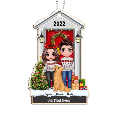 Standing Christmas Couple With Dog Personalized Wooden Ornament