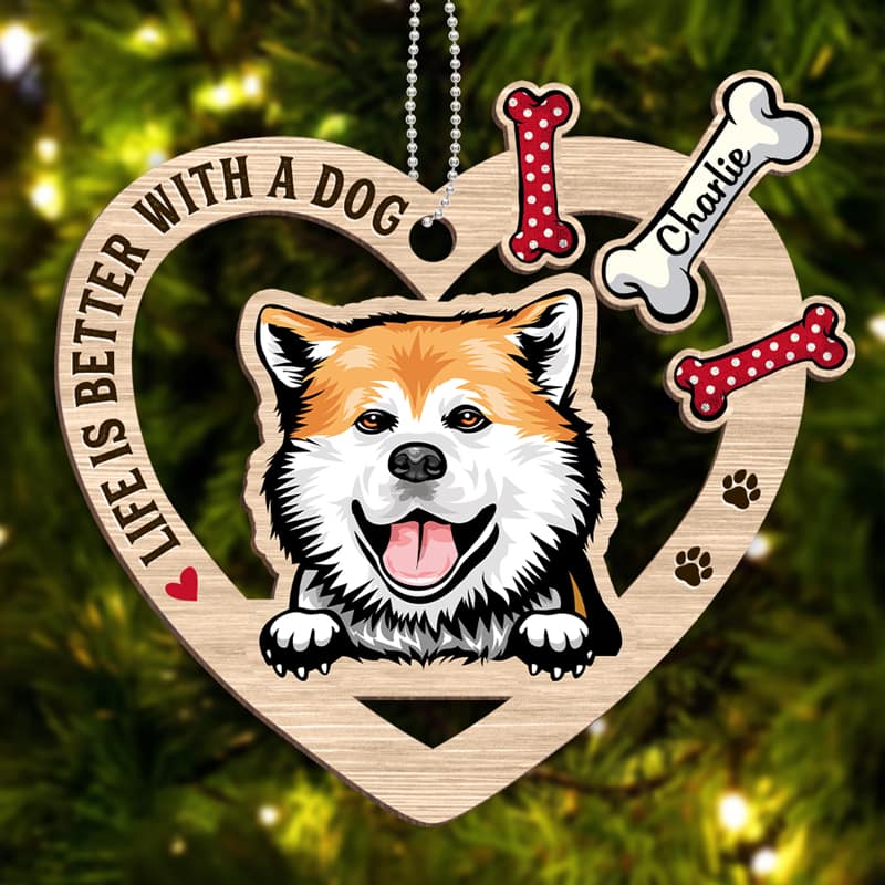 Peeking Dog Inside Heart Personalized Christmas Wooden Ornament