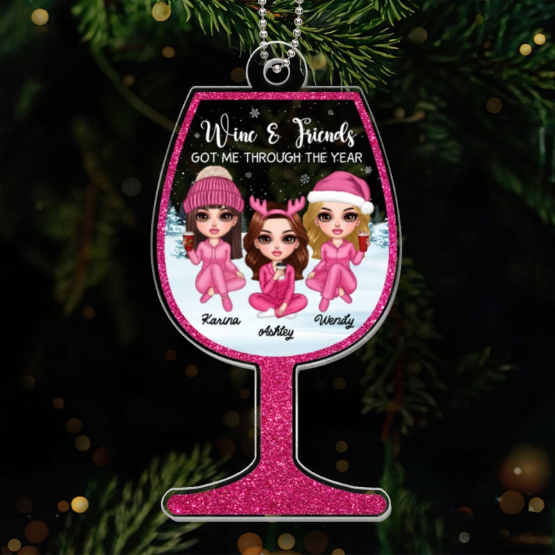 Wine Glass Pink Besties Sisters Personalized Acrylic Ornament, Christmas Gift