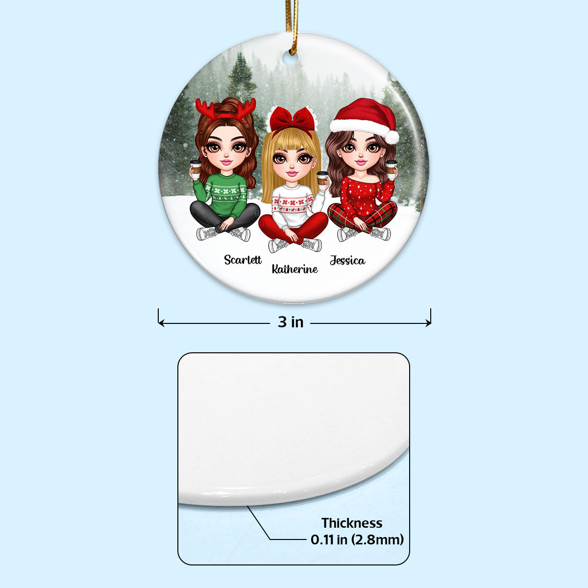 Realistic Winter Scene Besties Sisters Personalized Ceramic Ornament, Christmas Gift for Besties, Sisters, Friends
