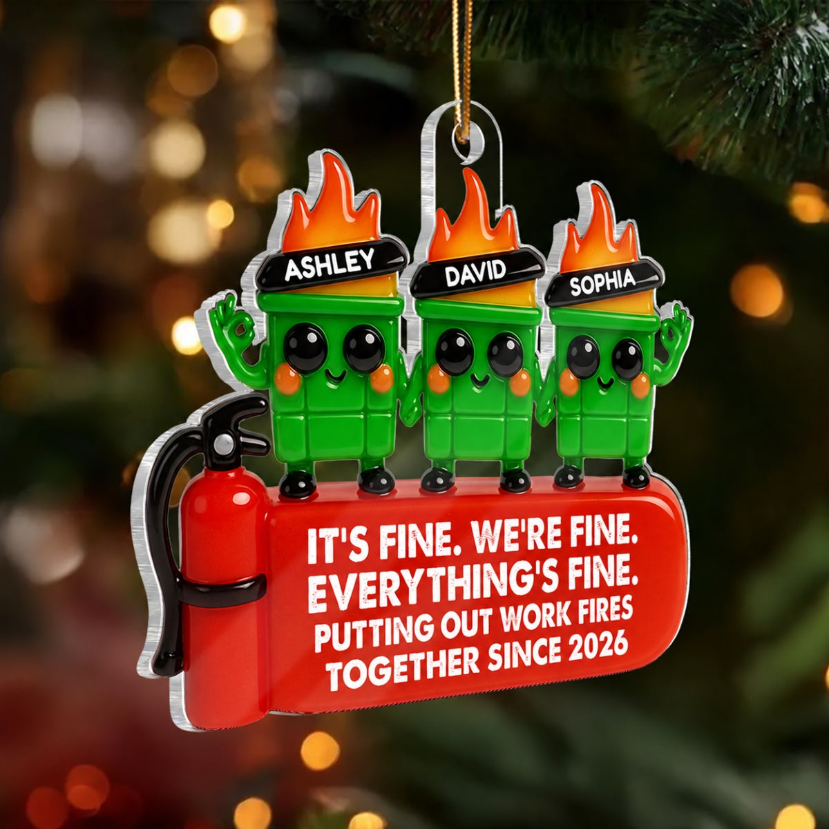 Colleagues Putting Out Work Fire Together 3D Effect - Personalized Acrylic Ornament - Funny Humor Christmas Gift for Coworkers, Colleagues