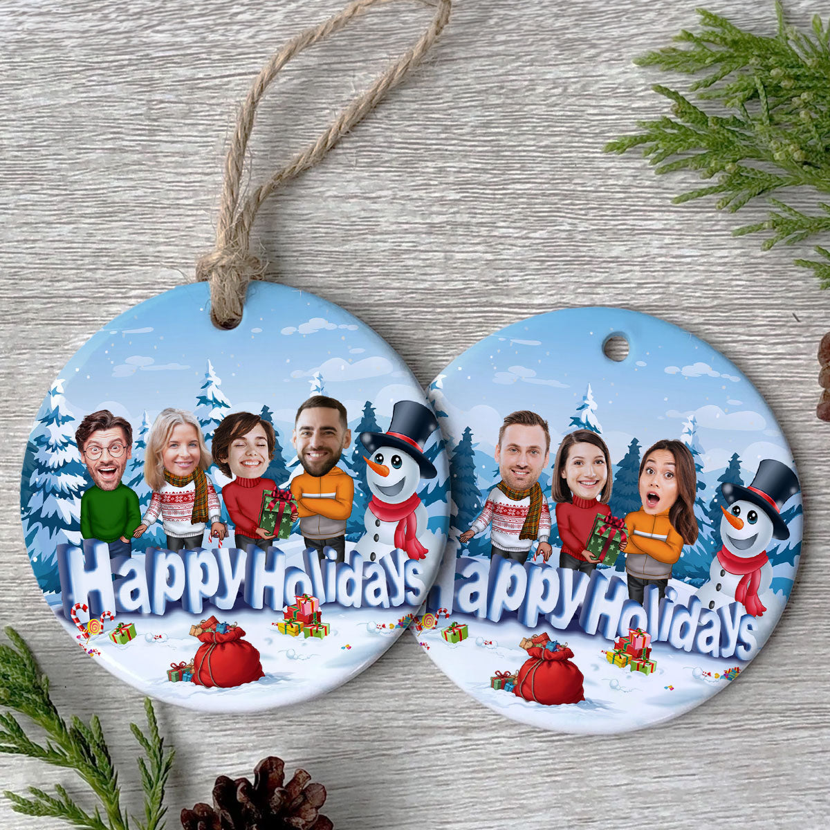Happy Holiday Funny Family, Custom Photo Ornament, Personalized Family Photo Circle Ceramic Christmas Ornament, Family Keepsake