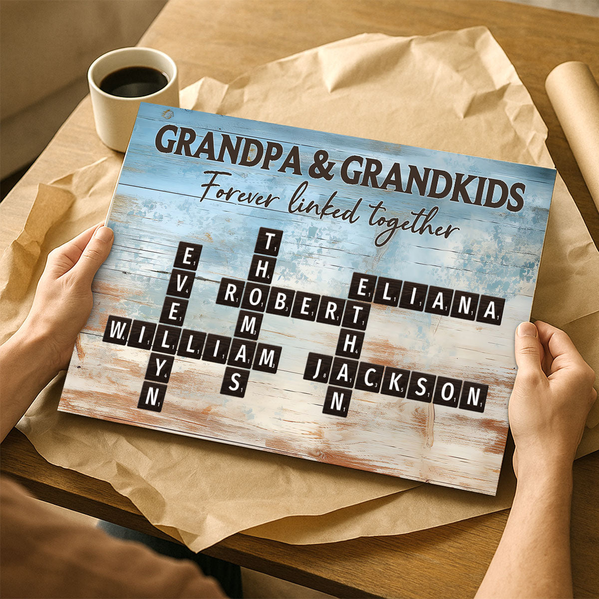 Grandpa & Grandkids Forever Linked Together Crossword Puzzle Art Rustic Personalized Poster, Heartfelt Father's Day Gift For Grandpa