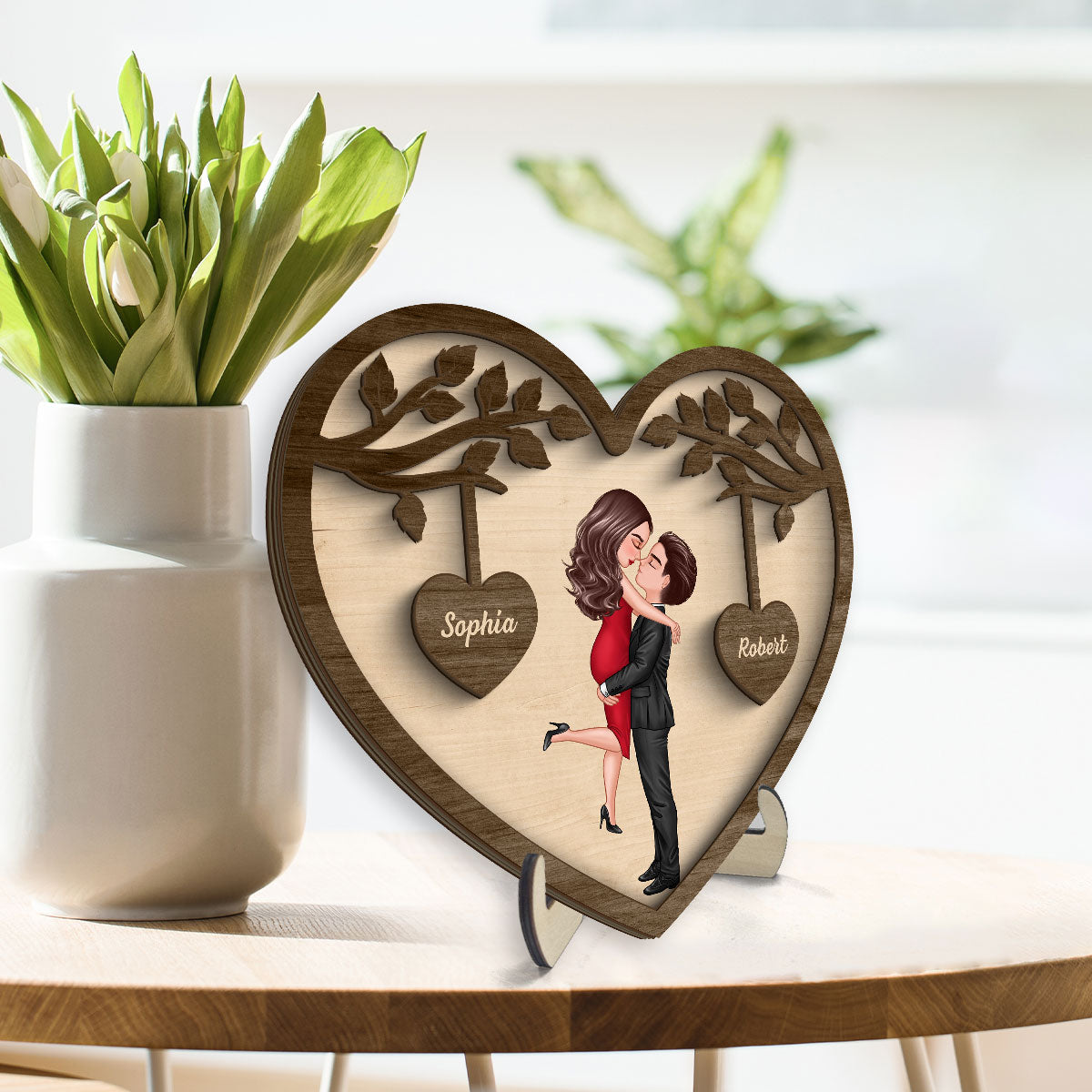 Couple Kissing Under Tree Valentine‘s Day Gift For Him Gift For Her Heart Shaped Personalized 2-Layer Wooden Plaque