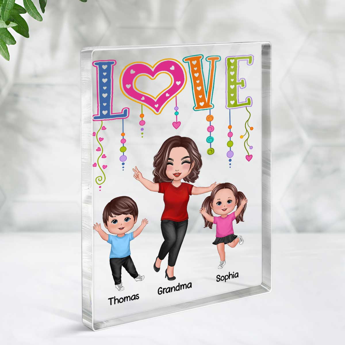 LOVE Happy Doll Grandma Mom With Kids Personalized Vertical Rectangle Acrylic Block Plaque