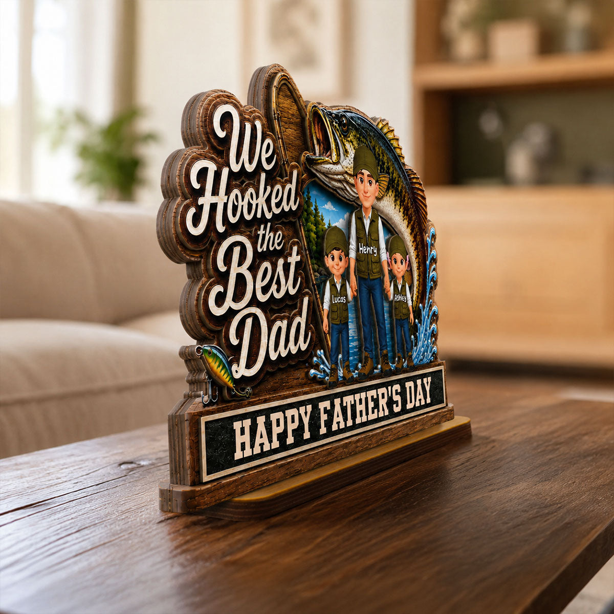 We Hooked The Best Dad Fishing Man & Kids 2D Flat - Personalized 2-Layered Wooden Plaque - Father's Day Gift For Fishing Dad