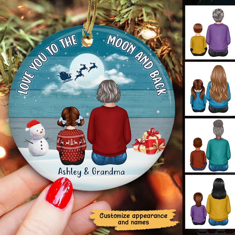 Blue Palette Moon Grandma & Grandkids Back View Personalized Circle Ornament
