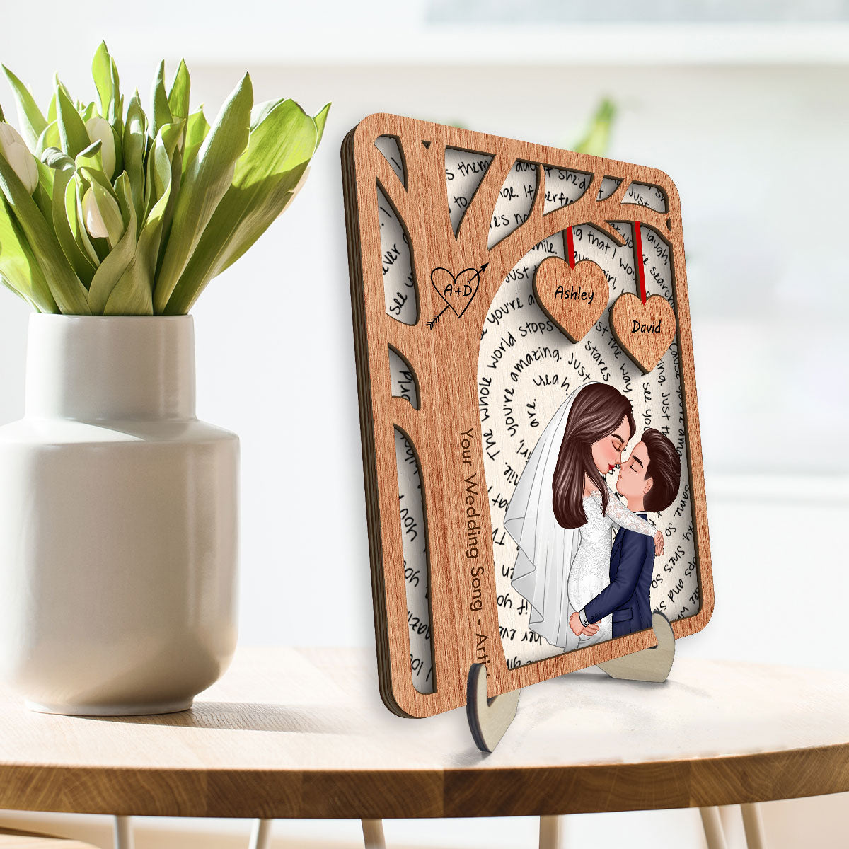Couple Kissing Under Tree Custom Vinyl Lyrics Personalized Music 2-Layered Wooden Plaque, Wedding Song Dance,  Gift for her & for him