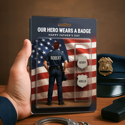 Custom Figure My Hero Wears A Badge With Kids' Names Personalized Acrylic Block Plaque, Perfect 2025 Father's Day Gift For Him, For Dad