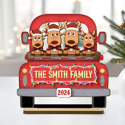 Reindeer Family On Christmas Truck Personalized 2 Layer Standing Wooden Plaque