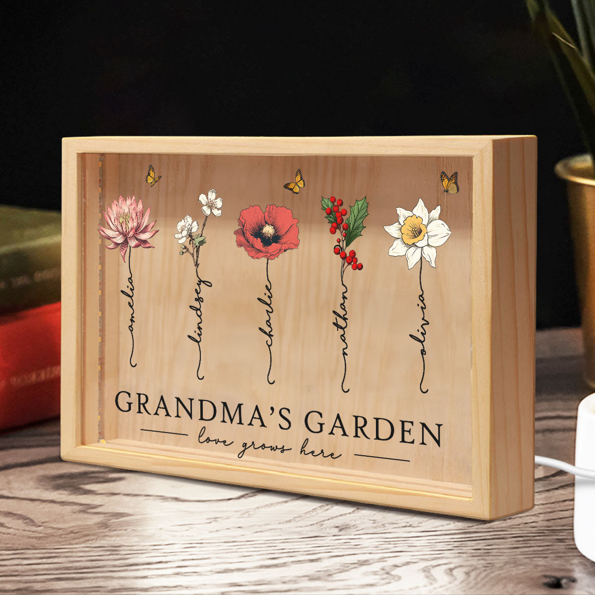 Grandma‘s Garden Love Grows Here Beautiful Birth Month Flower Gift For Grandma Mom Personalized Wooden Frame Light Box