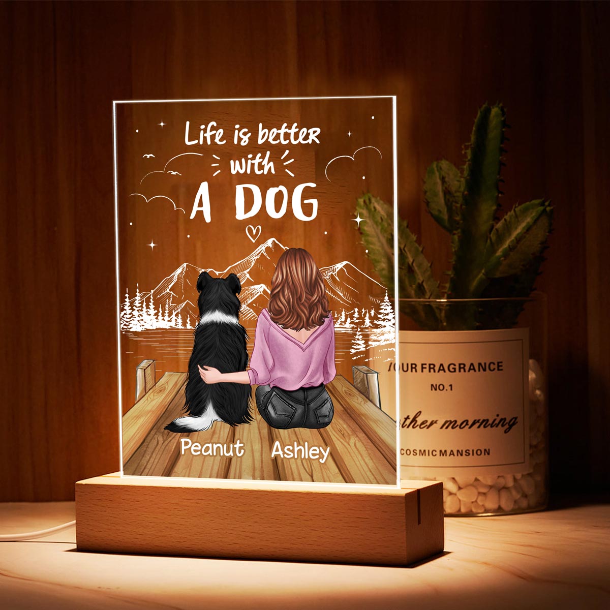 Life Is Better With Dogs Woman And Dog On The Bridge Personalized Rectangle Acrylic Plaque LED Lamp Night Light