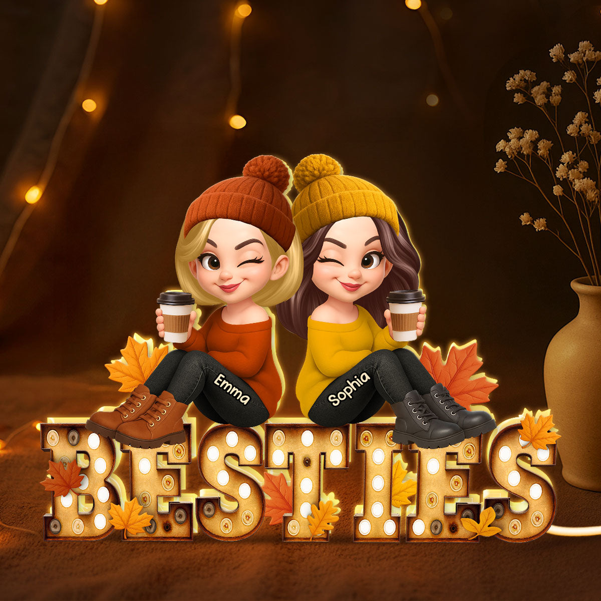Fall Besties Sitting On Text Marquee Effect Personalized Light Box, Meaningful Gift For Best Friends