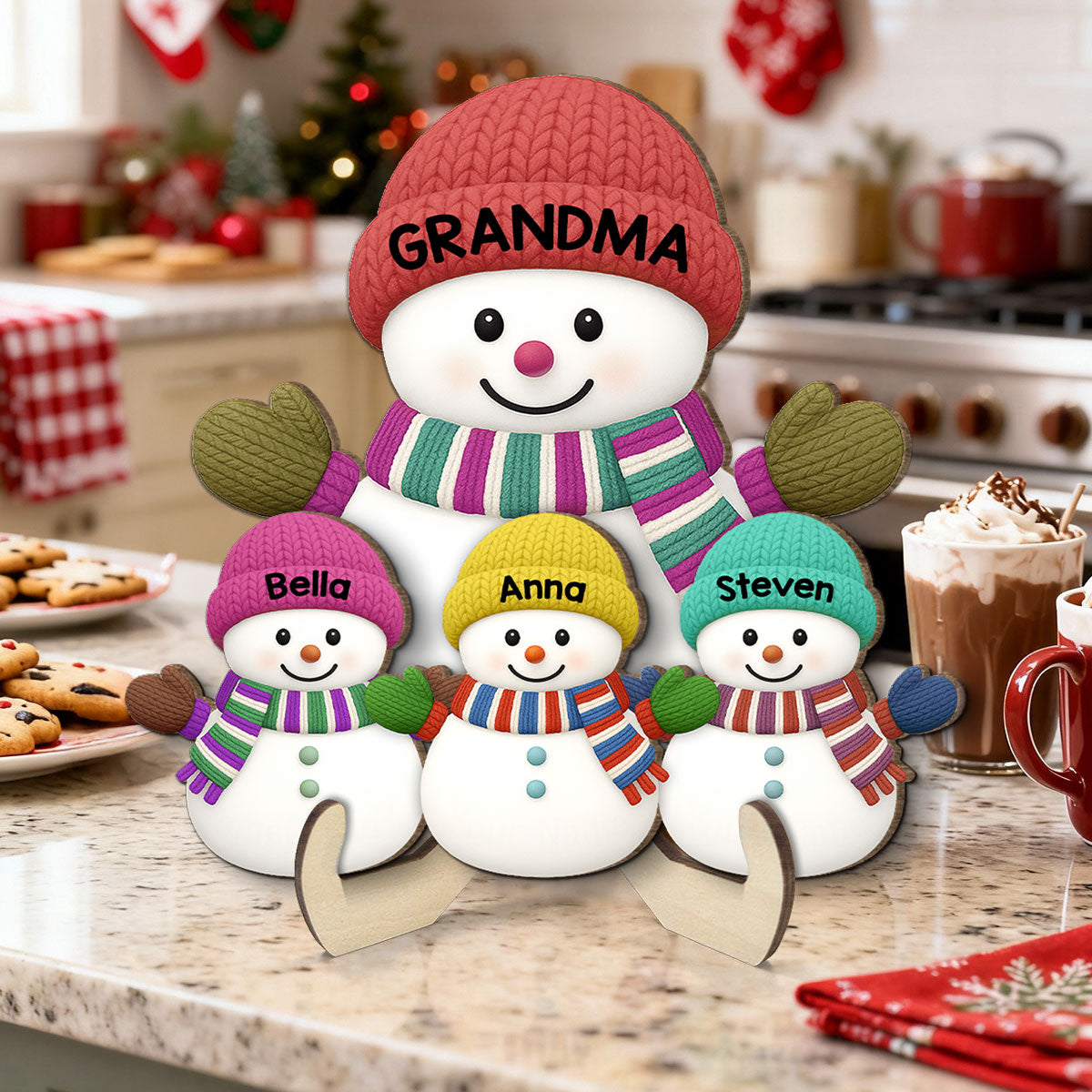 Christmas Grandma Grandkids Snowman Together - Personalized 2-Layered Wooden Plaque - Gift For Grandmas