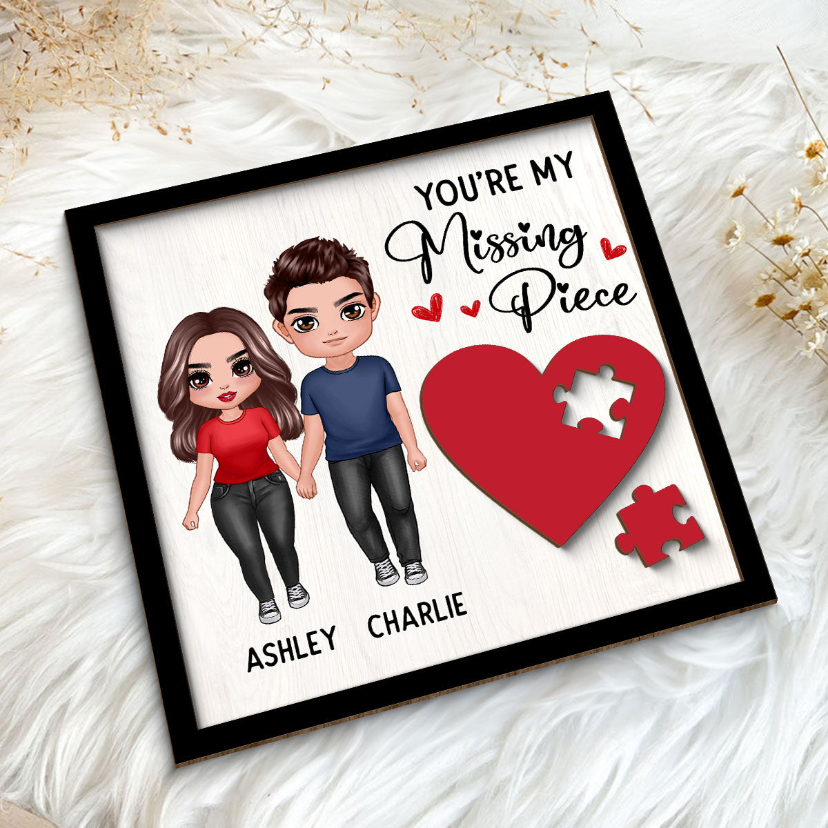 Standing Doll Couple Missing Piece Red Heart Valentine‘s Day Gift For Her Gift For Him Personalized 2-Layer Wooden Plaque