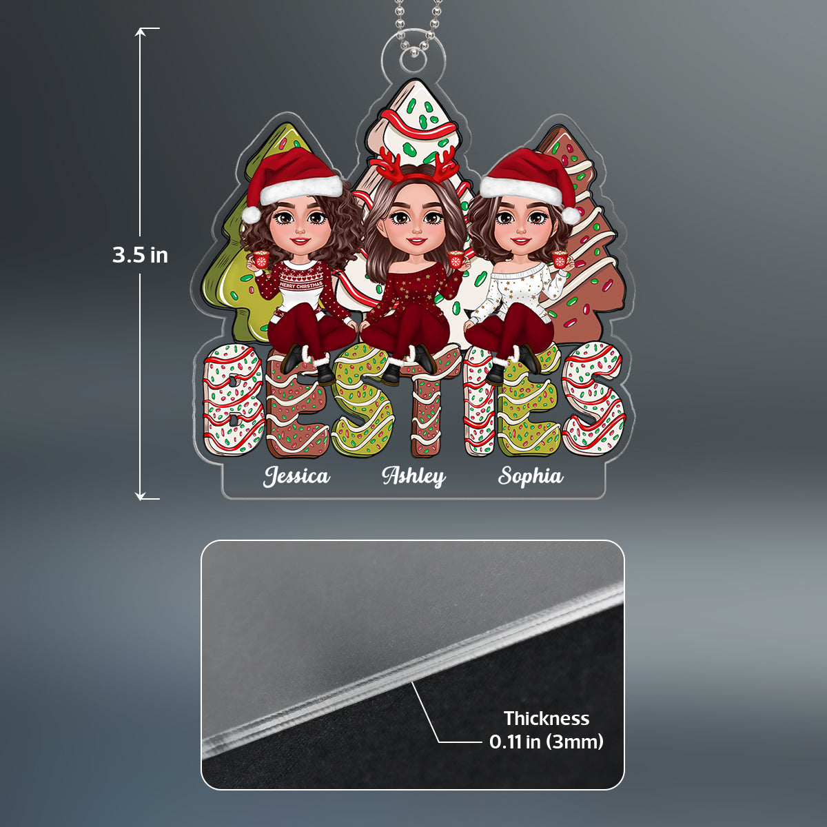 Besties Sitting On Christmas Tree Cake Personalized Acrylic Ornament