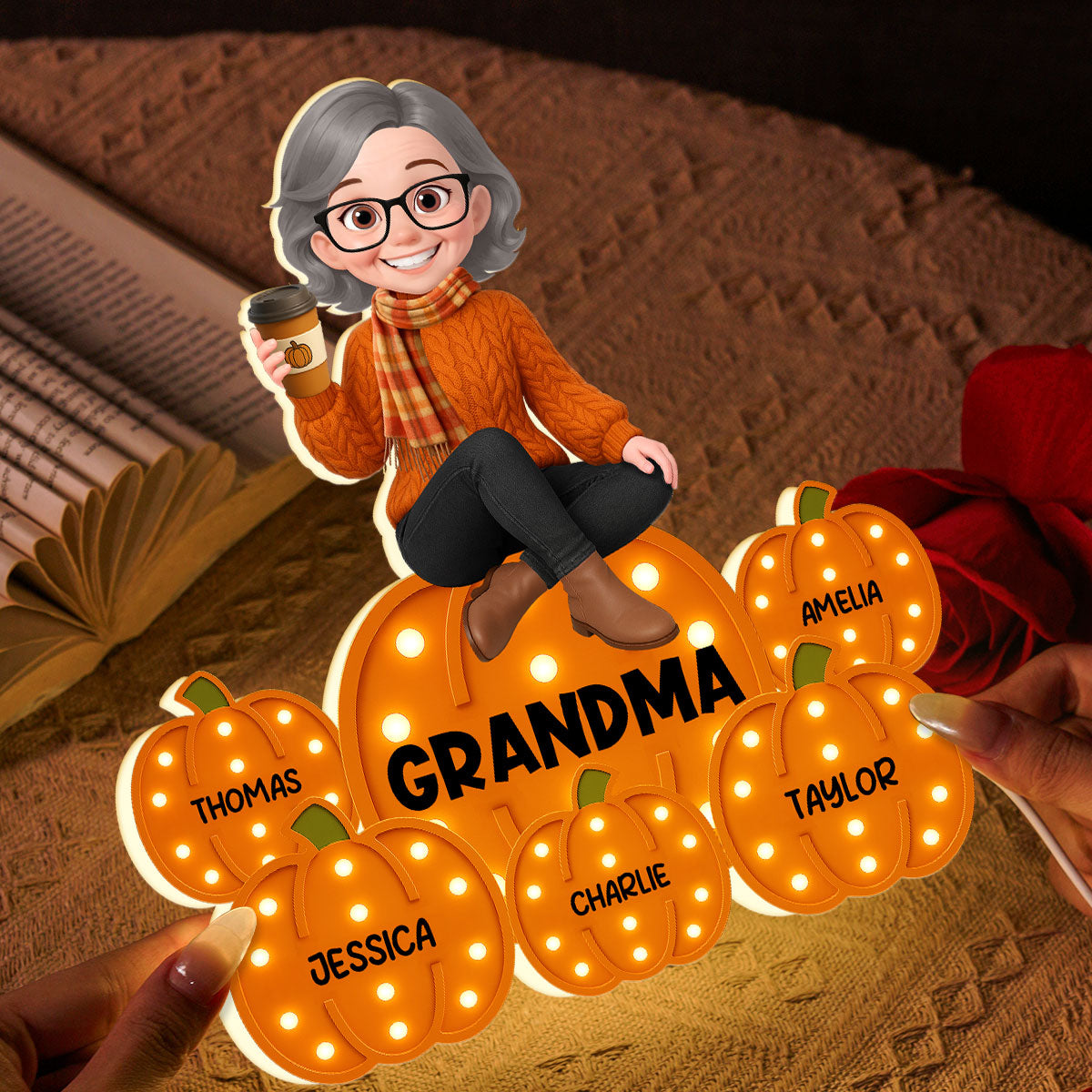 Fall Season Grandma Sitting On Marquee Pattern Texture Pumpkins Personalized LED Light Box, Cozy Grandma's Home Decoration