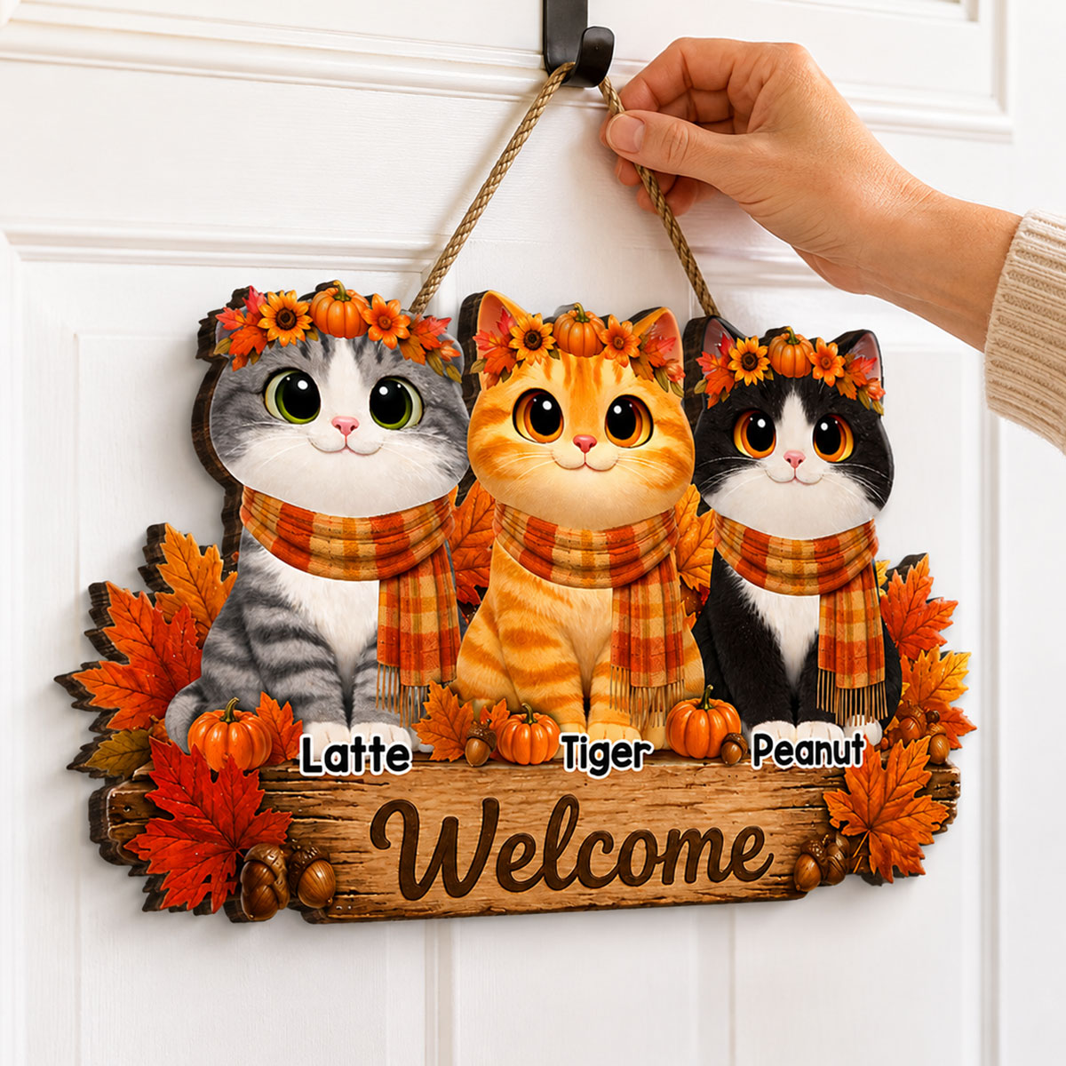 Fall Cats Welcome Door Sign - Personalized Door Sign - Fall Season Decor Gift, Gift For Cat Lovers