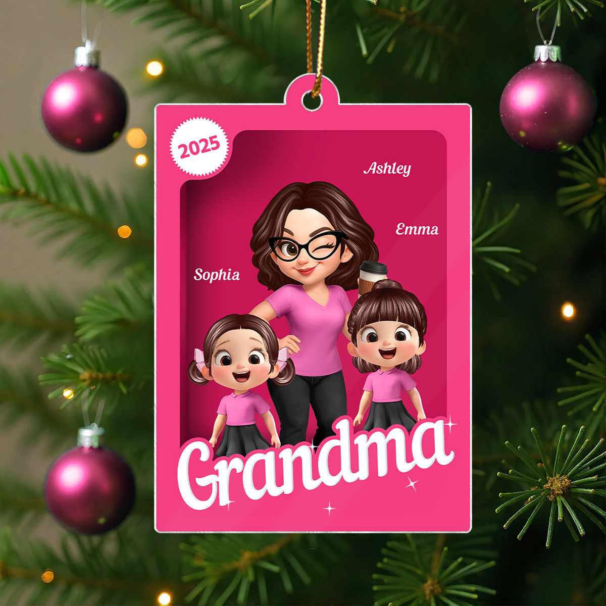 Grandma Grandkids 3D Effect Pink Action Figure - Personalized Acrylic Ornament, Christmas Gift for Grandmas